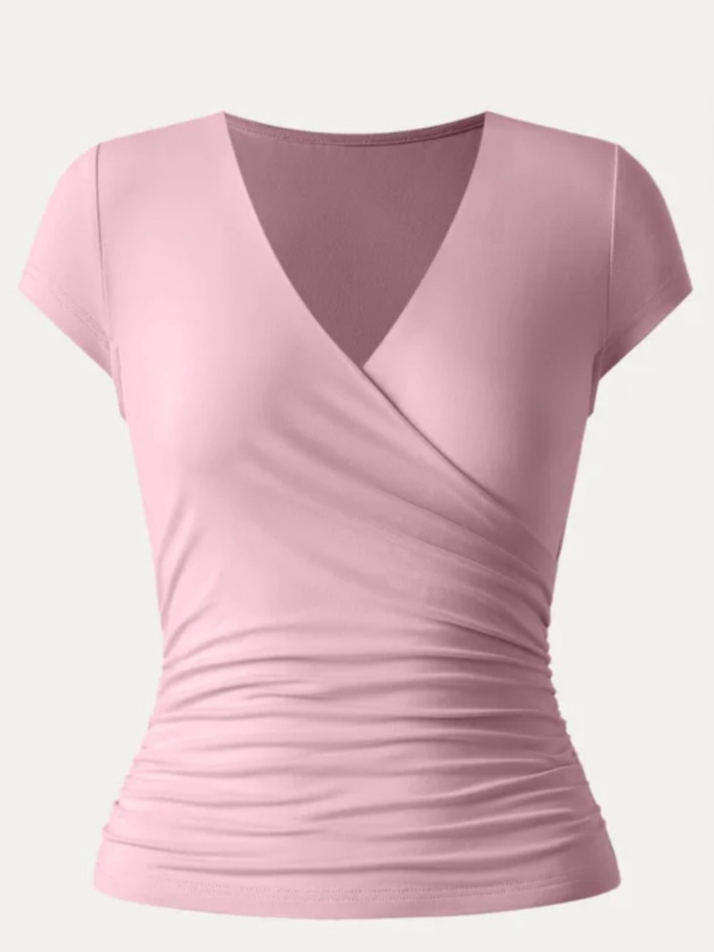 OGL Surplice Cap Sleeve Side Ruched Fitted Tee Rose mauve